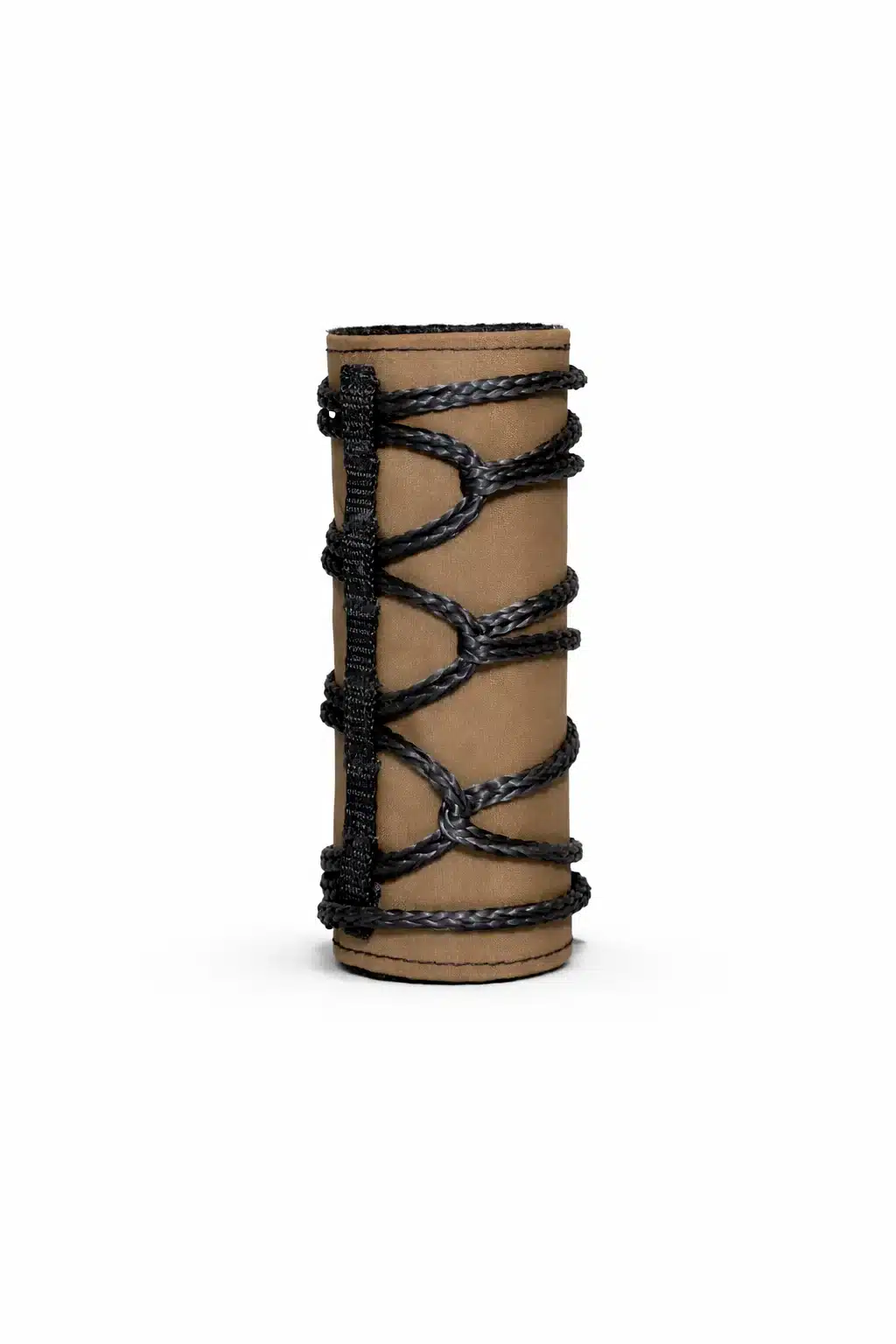 A durable tan fabric suppressor cover featuring a black braided cord lacing system for a secure, heat-resistant fit on American-made firearms.