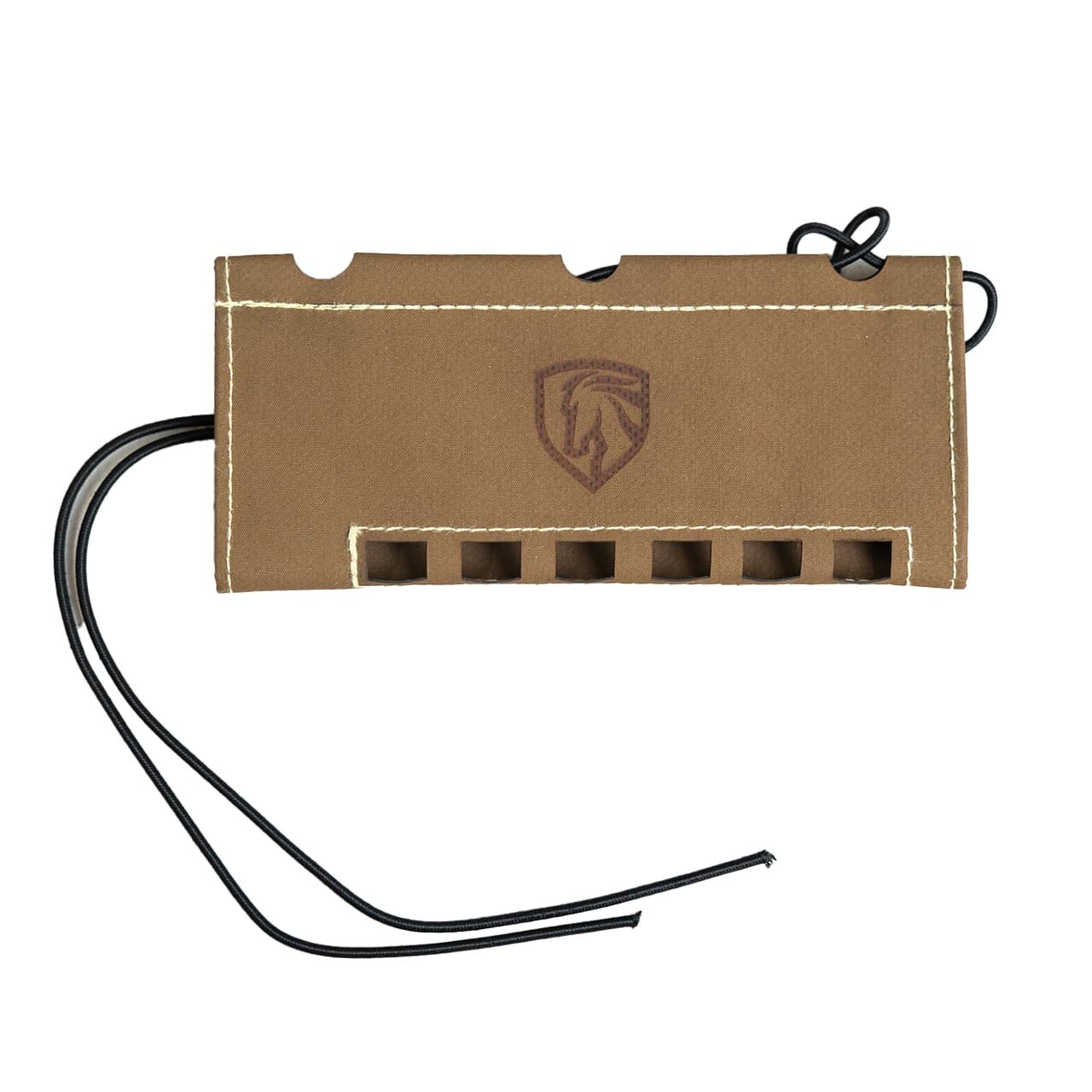 Tan American-made One Horse rifle suppressor cover with a branded shield logo, durable stitching, and black shock cord for a secure, reliable fit.