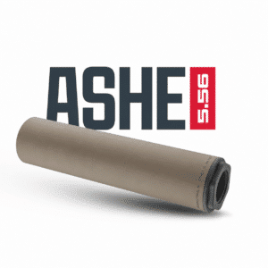 ASHE 5.56 suppressor in a tan finish, showcasing its sleek design and durable construction for reliable firearm performance.
