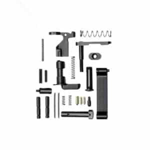 A collection of black, American-made firearm internal parts, including pins, springs, and levers, arranged neatly on a plain white background.
