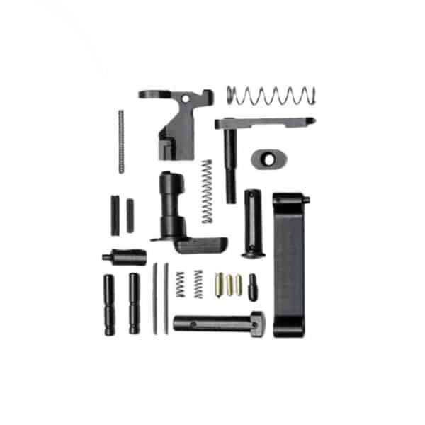 A collection of black, American-made firearm internal parts, including pins, springs, and levers, arranged neatly on a plain white background.