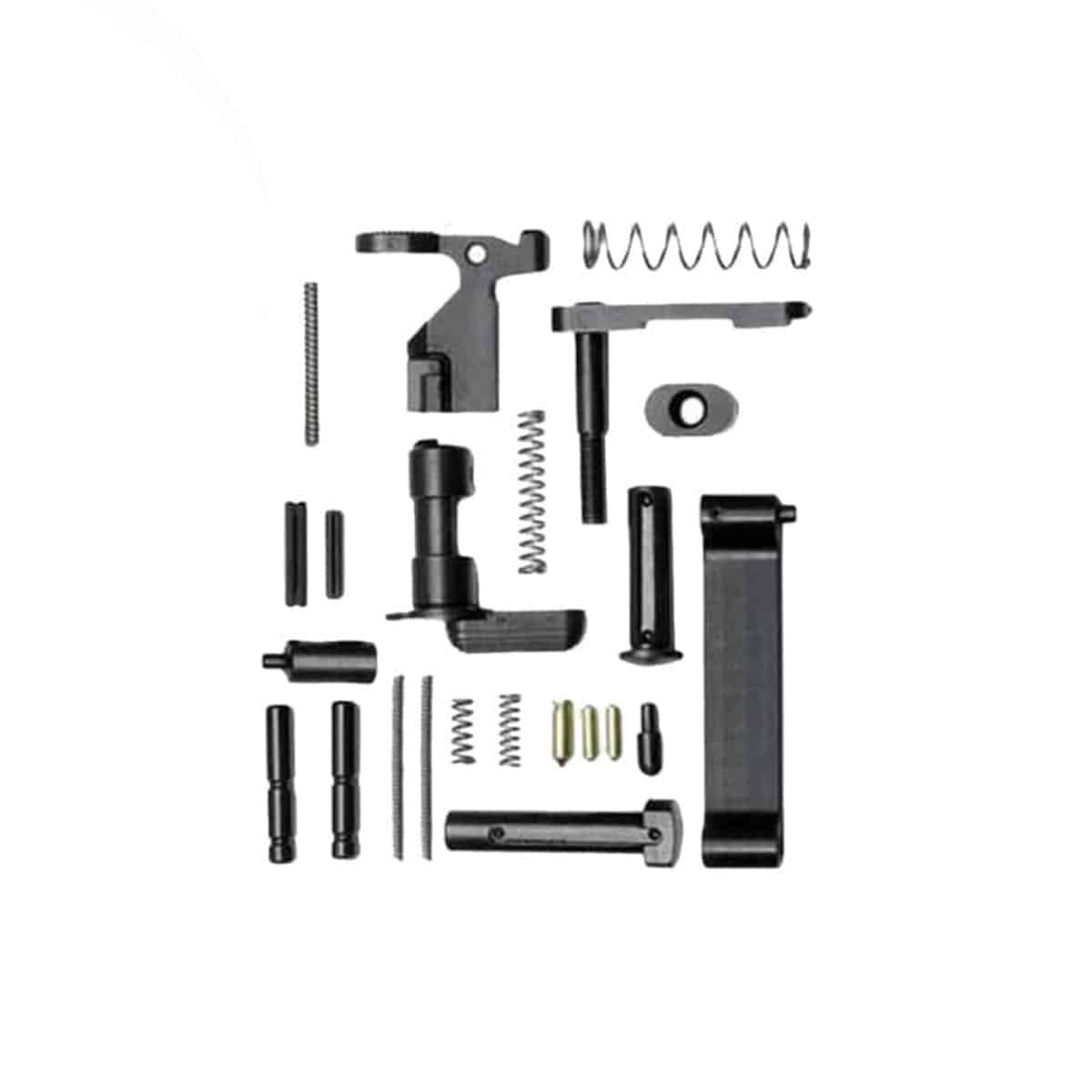 A collection of black, American-made firearm internal parts, including pins, springs, and levers, arranged neatly on a plain white background.