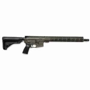An American-made rifle in olive drab finish, featuring a modular M-LOK handguard, black polymer stock, and pistol grip for reliable performance.