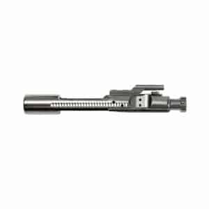 Close-up of a stainless steel firearm bolt carrier group showcasing precision craftsmanship and reliable design.