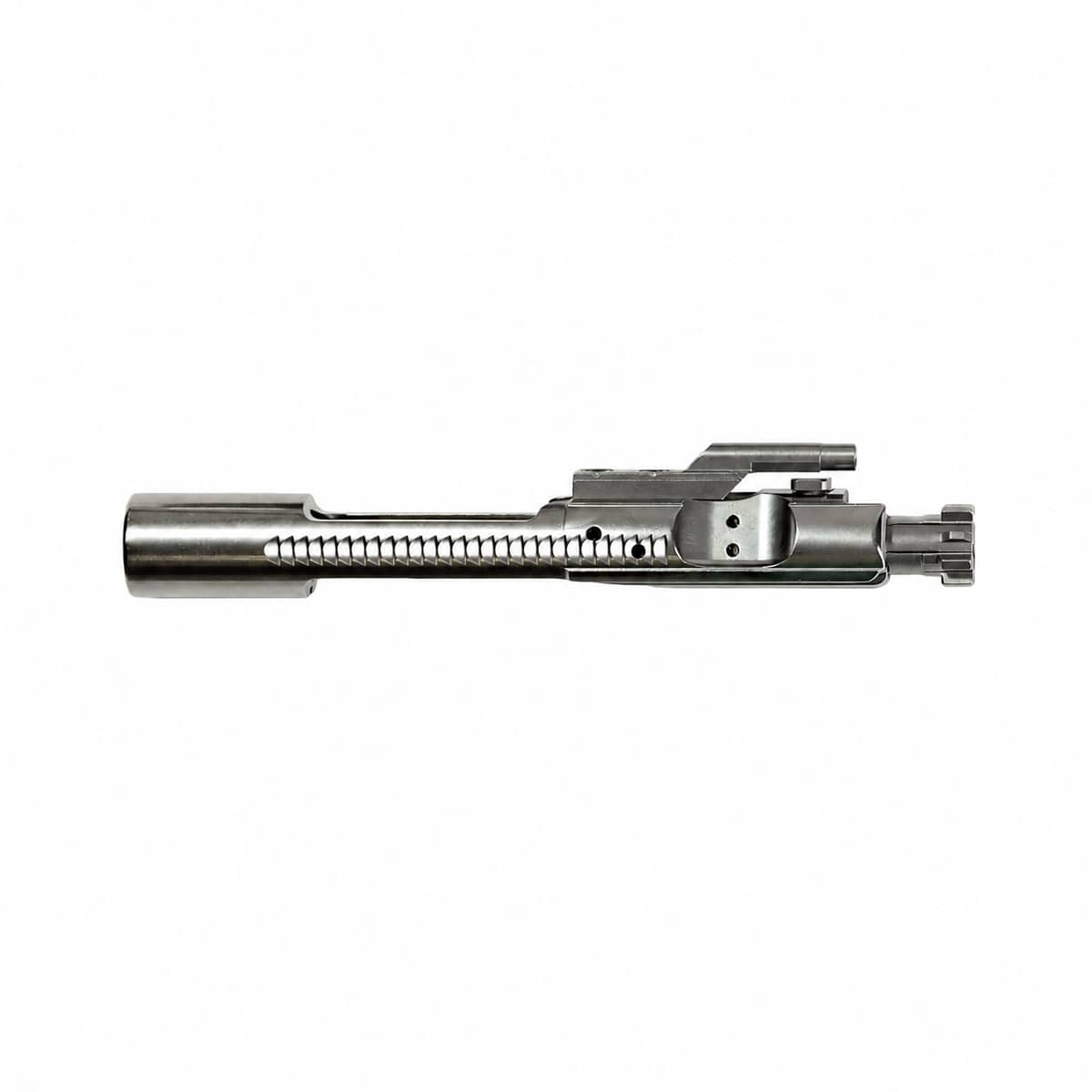 Close-up of a stainless steel firearm bolt carrier group showcasing precision craftsmanship and reliable design.