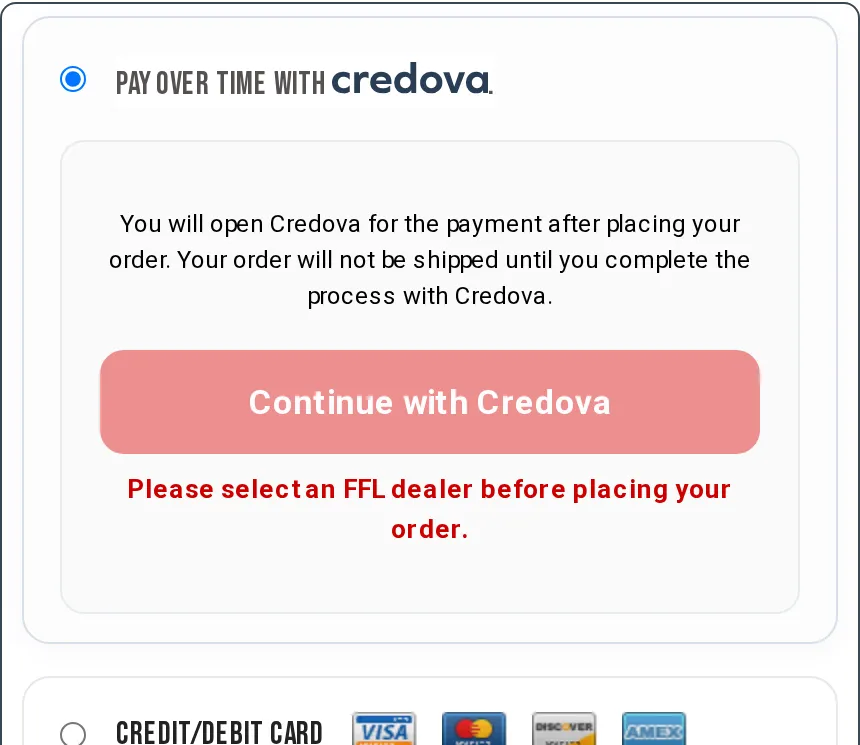 One Horse checkout payment options: pay over time with Credova or pay by Visa, Mastercard, Discover or American Express card
