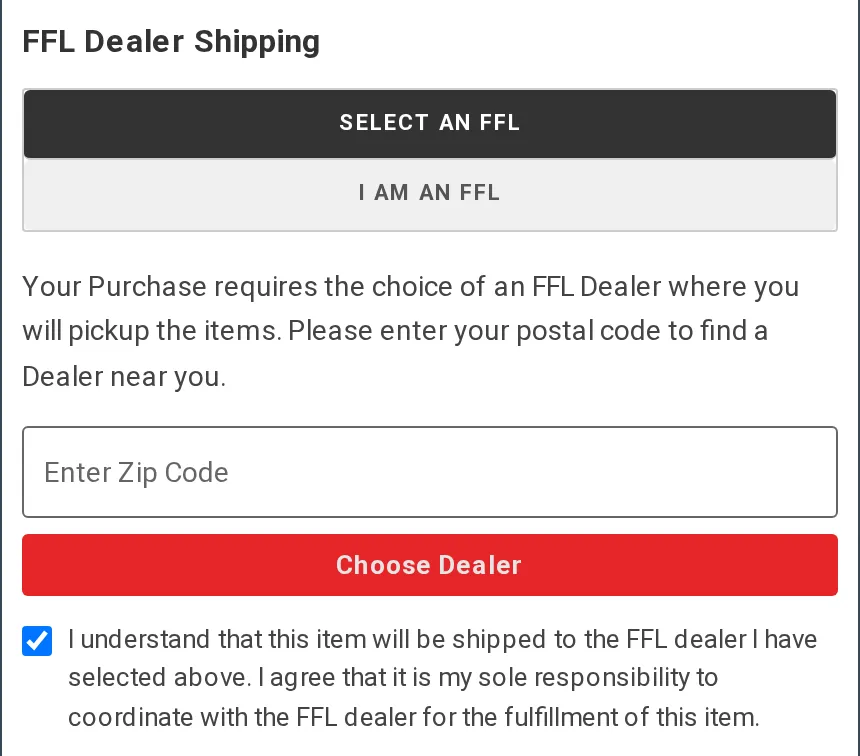 FFL Dealer Shipping box at One Horse checkout with Select an FFL tab, ZIP code field and Choose Dealer button