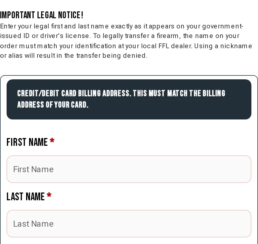 One Horse checkout Important Legal Notice asking for your legal first and last name exactly as shown on your ID, above the First Name and Last Name fields