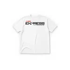 White One Horse Express t-shirt laid flat, front, with the One Horse Express logo on the chest