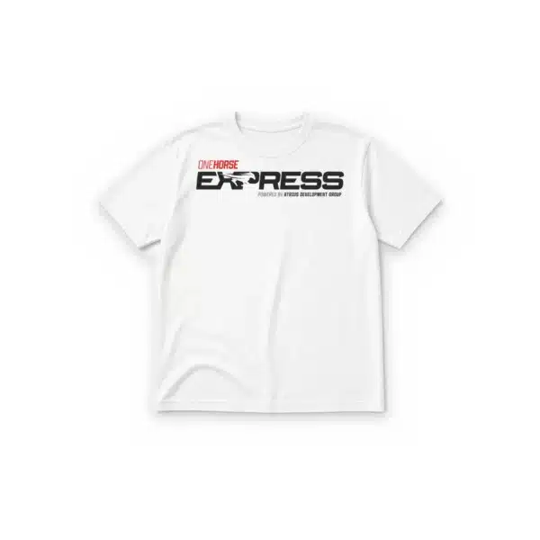 White One Horse Express t-shirt laid flat, front, with the One Horse Express logo on the chest