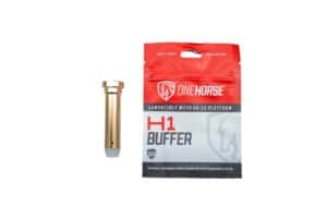 One Horse H1 AR-15 buffer (3.8 oz) shown next to its red H1 Buffer retail package