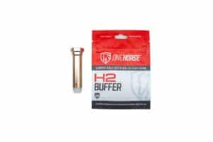 One Horse H2 AR-15 buffer (4.7 oz) shown next to its red H2 Buffer retail package