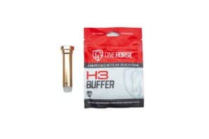 One Horse H3 AR-15 buffer (5.6 oz) shown next to its red H3 Buffer retail package