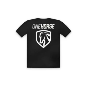 Back of the black One Horse Logo T-shirt with a large white ONE HORSE wordmark over the shield horse logo