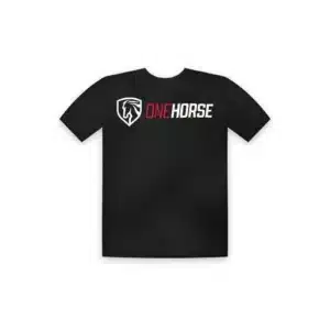 Front of the black One Horse Logo T-shirt with the shield logo and red and white ONE HORSE wordmark