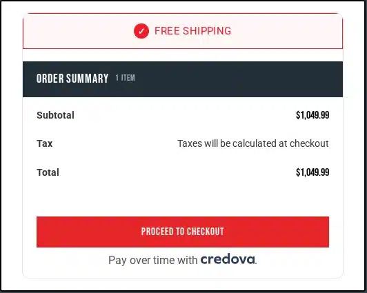 One Horse cart order summary with Free Shipping badge, order total, red Proceed to Checkout button and Credova pay-over-time link